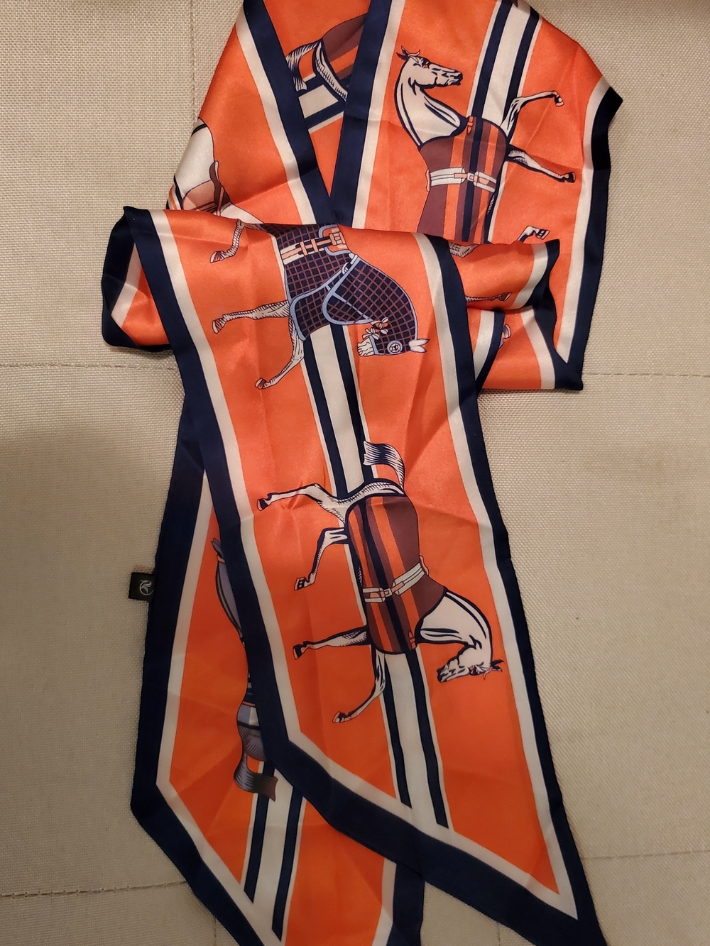 Equestrian Print Orange Silk Scarf with Navy Trim